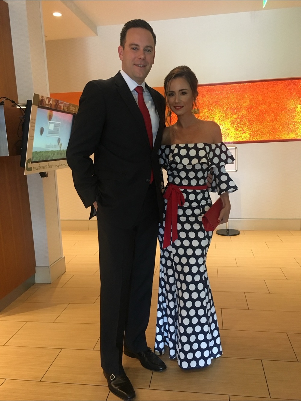 Source Unknown Navy and White Polka Dot Off-Shoulder Maxi Dress with Red Sash